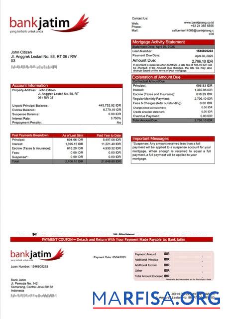 Printable Indonesia Bank Jatim mortgage statement Word and PDF template